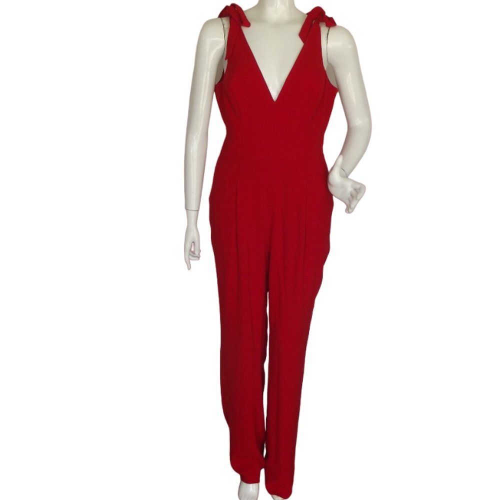 DRESS THE POPULATION Jumpsuit, L, Red, Shoulder Ties, Pockets, V-neck